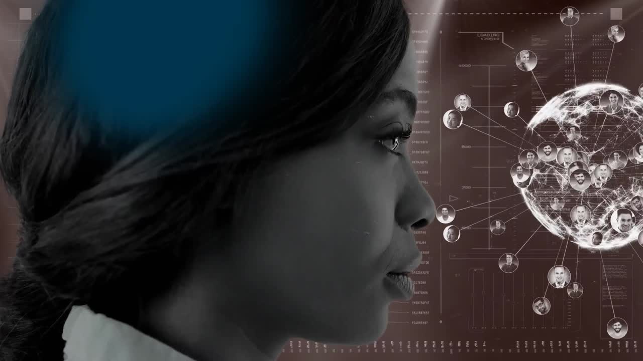 Animation of globe with network of connections over woman's face