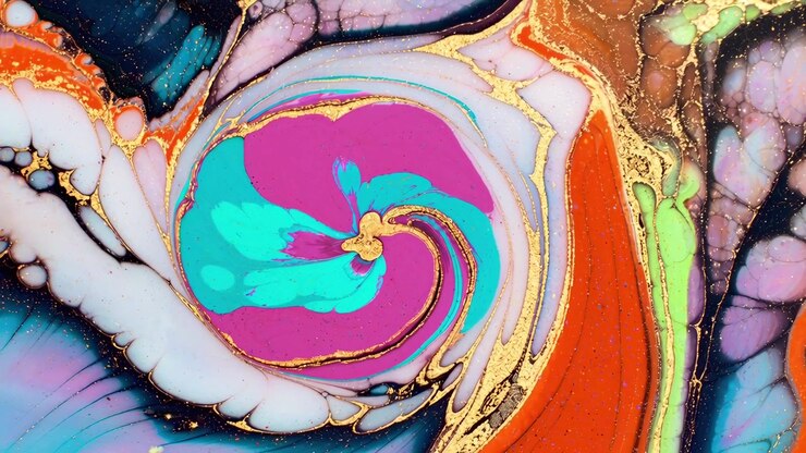 Abstract Fluid Art with Swirling Pink, Teal, and Gold Paint