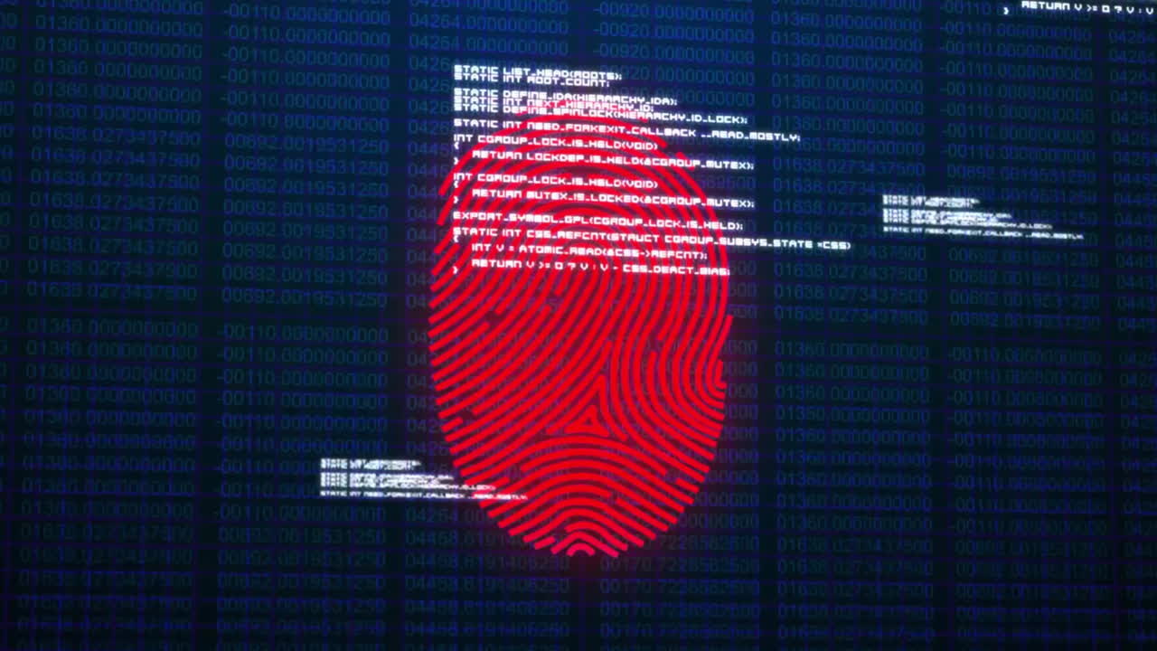 Animation of fingerprint scanning over data processing on black background