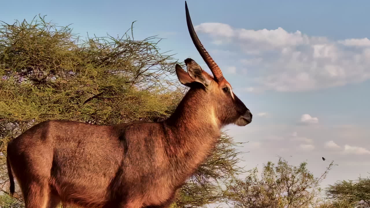 Un plano de seguimiento de un buey acuático majestuoso con un cuerno roto bebiendo de una charca en la sabana