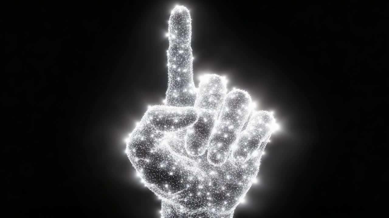Un viaggio affascinante attraverso la luce: la trasformazione di un gesto della mano luminoso da una posizione indicativa a una chiusura enfatica.