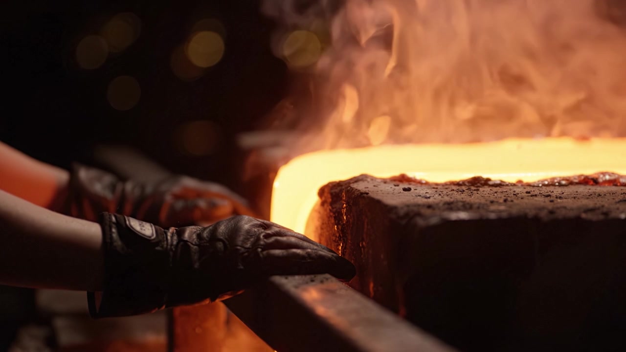 Transformation du métal : un aperçu de l'art de la métallurgie et de la fonderie, avec des mains manipulant avec soin un matériau chaud dans un environnement vaporeux.