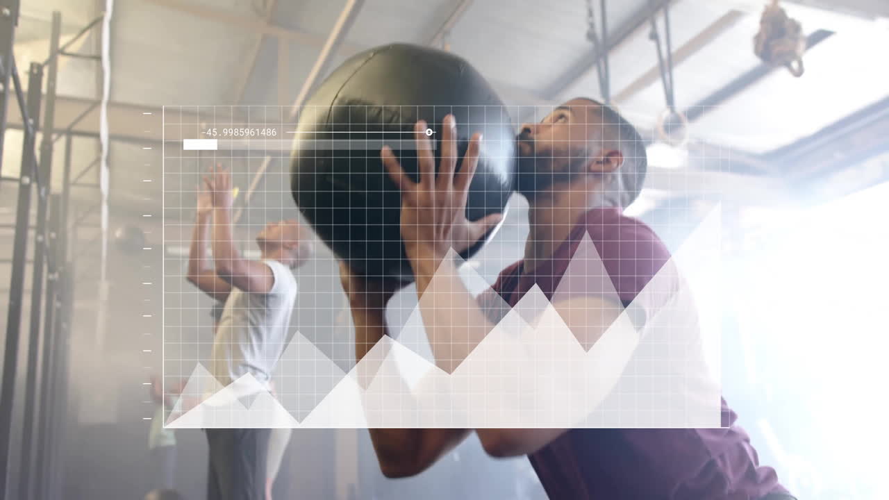 animación de diagrama sobre diversos deportes personas que hacen ejercicio con bolas en el gimnasio