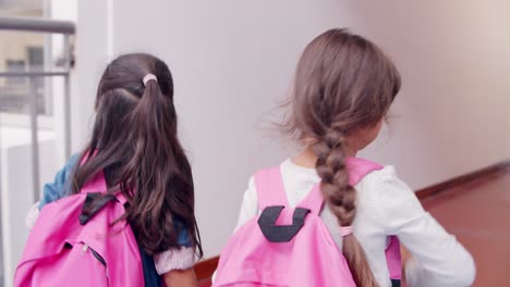 back view of cute primary schoolgirls wearing pink backpacks and walking in the school