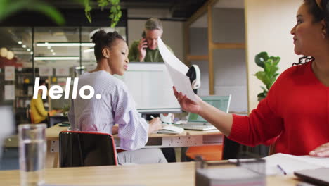 hello text animation over diverse office workers collaborating at desks