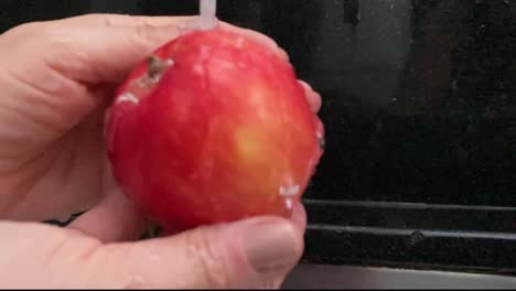 manzana entera roja madura sabrosa y saludable, limpieza líquida húmeda, cámara lenta