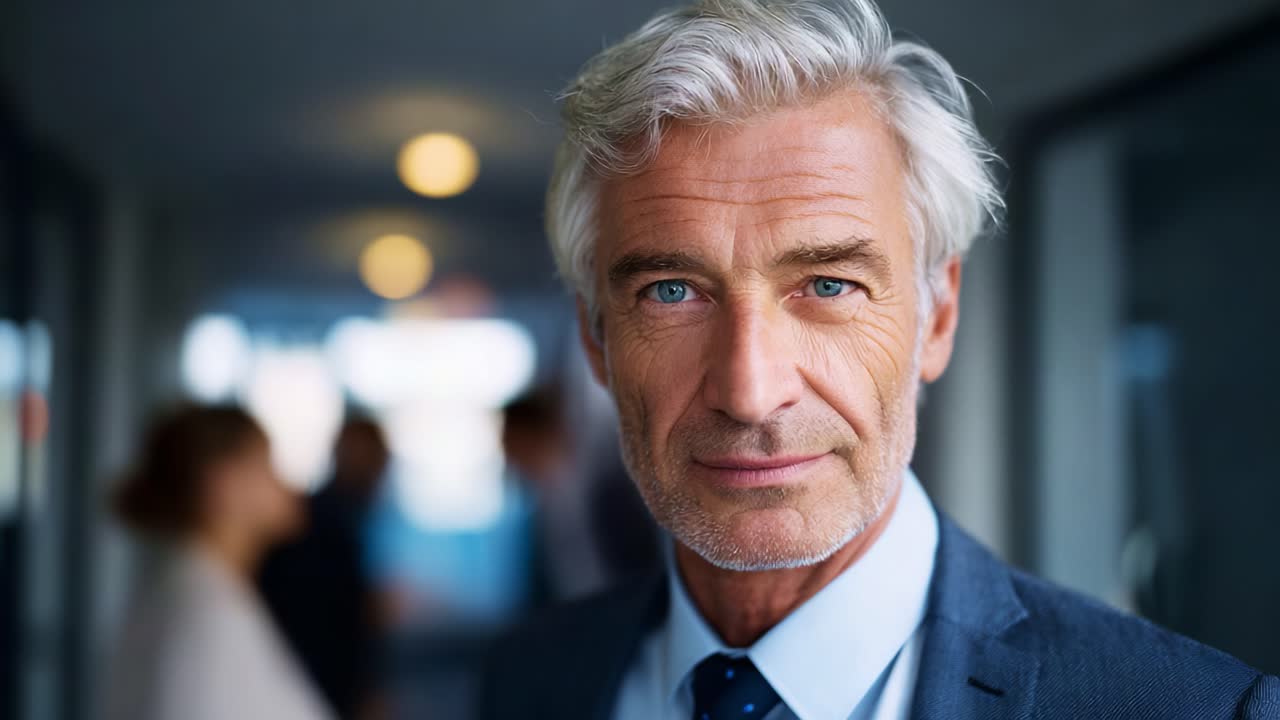 Confident Middle-Aged Man in Professional Attire Stares Intently into the Camera with Clear Blue Eyes, Signifying Strength and Experience in a Business Environment