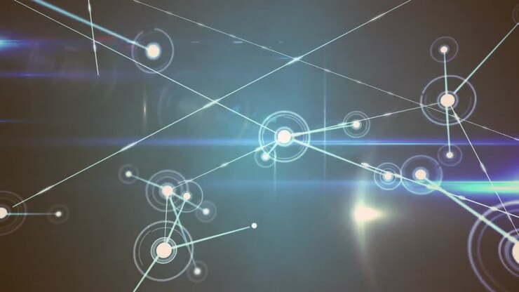 Animazione di rete di connessioni su punti luce e scie luminose su sfondo grigio