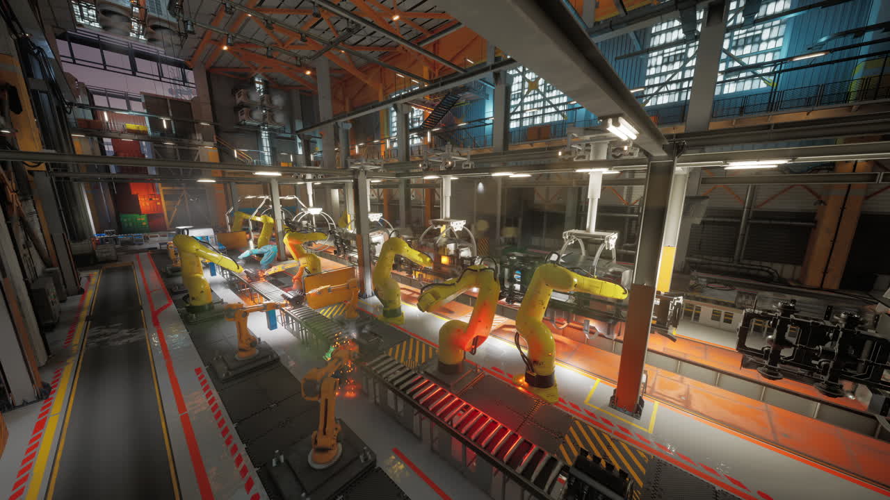 Automated conveyor belt system operating with robotic arms in factory setting