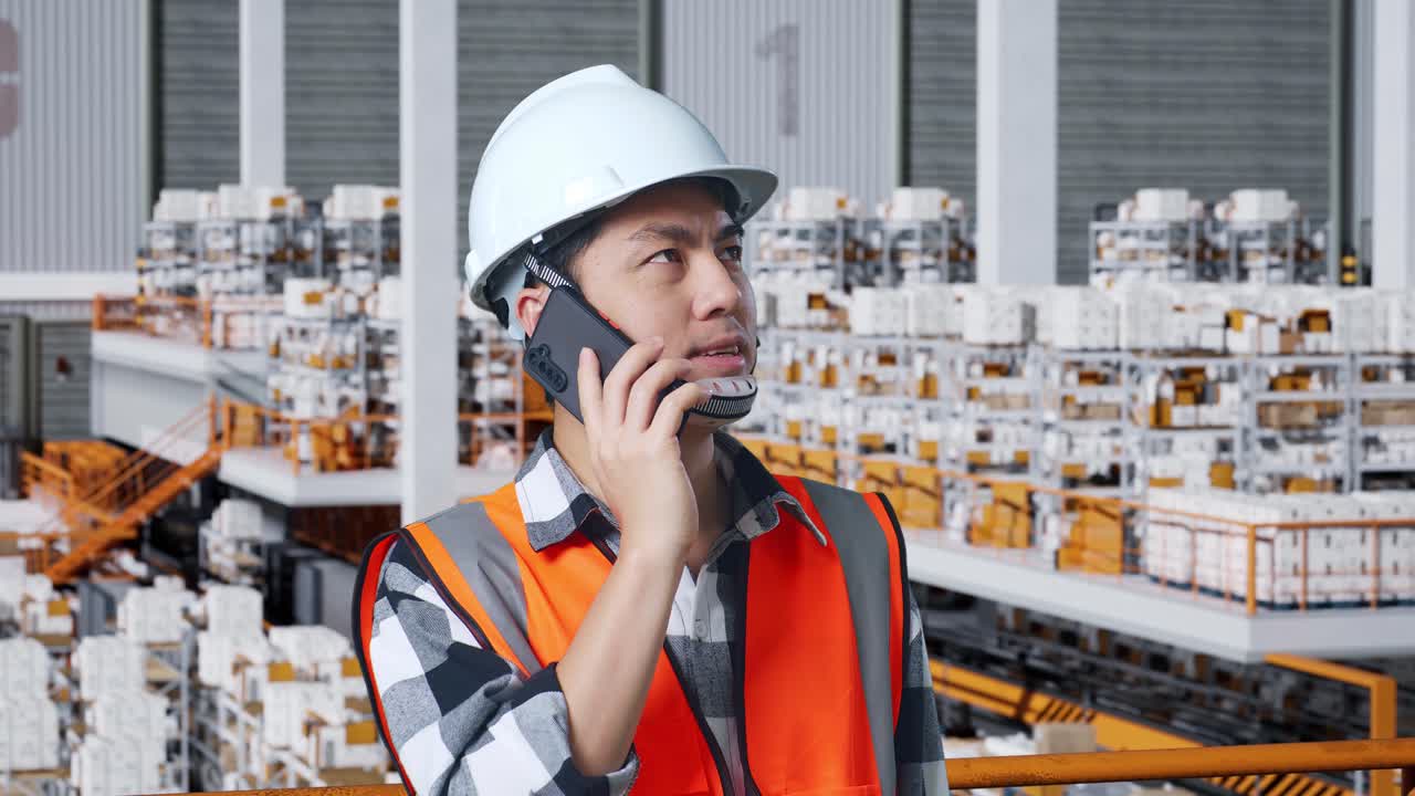primer plano de un ingeniero masculino asiático con casco de seguridad hablando en su teléfono inteligente mientras estaba de pie en el almacén con estantes llenos de mercancías de entrega