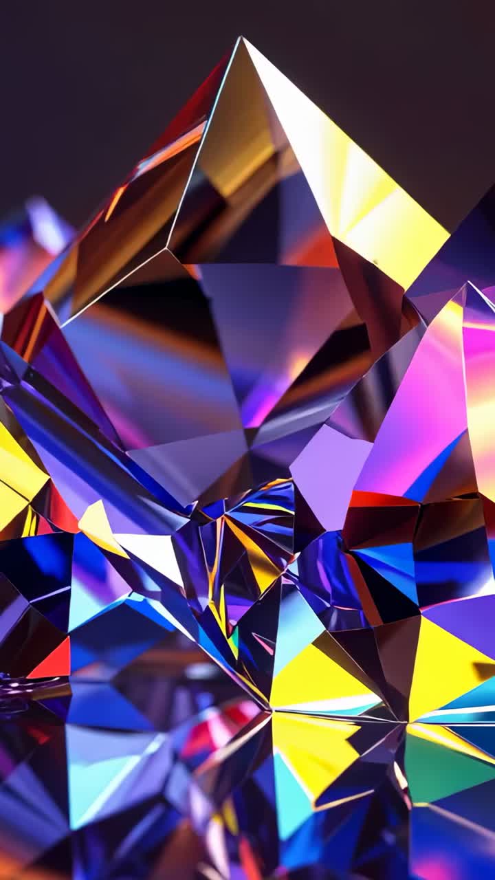 Vertical video: Orbiting camera revealing crystal in dark studio, shifting colored reflections