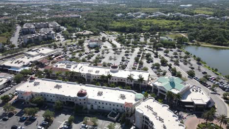 orbiting aerial of lakewood ranch mainstreet dining and shopping center, bradenton sarasota, florida