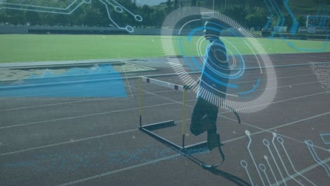 animación del procesamiento de datos digitales sobre un atleta masculino discapacitado con cuchillas de correr en la pista de correr