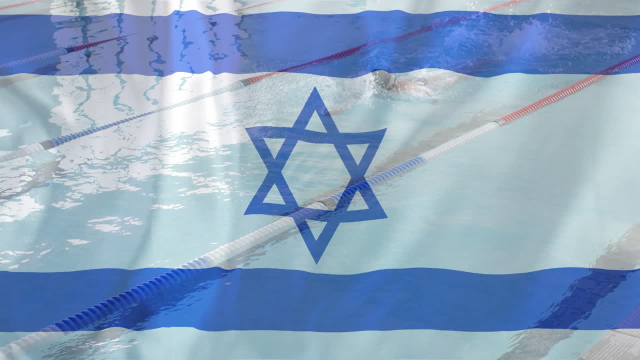 Animazione della bandiera di Israele su nuotatore caucasico in piscina