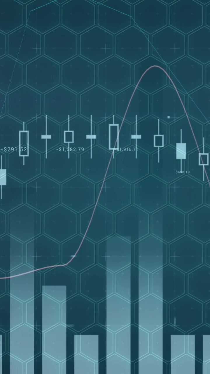 Elaborazione di dati statistici su un design a motivo esagonale su sfondo blu.