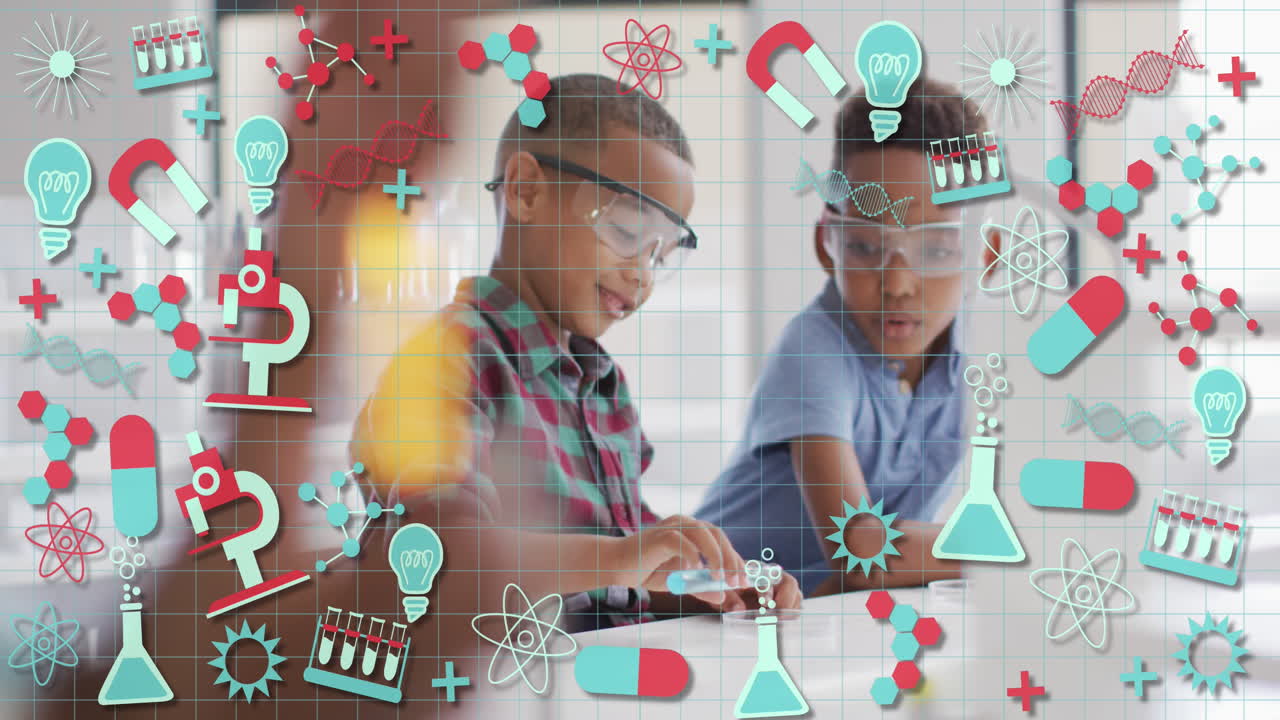 animación de iconos de la ciencia sobre felices escolares afroamericanos en la clase de química