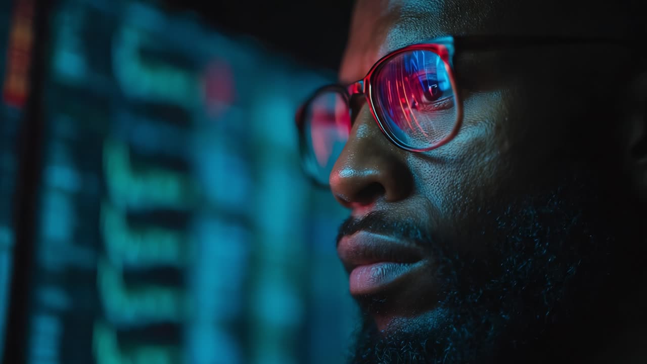 A focused individual analyzing complex data with illuminated reflections in glasses, representing deep engagement in technology and information analysis