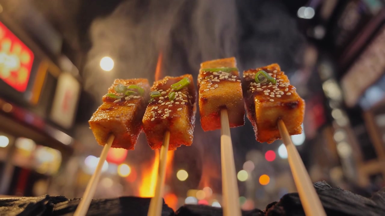 Spiedini di tofu grigliati cotti su fiamma viva al mercato notturno
