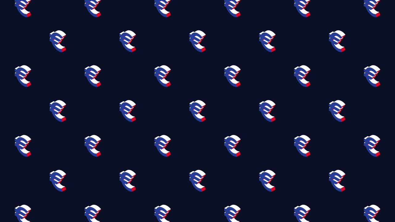 moneda europea euro símbolos isométricos en un patrón animado sobre un fondo oscuro. animación de bucle sin costuras