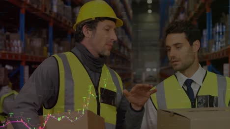 animación de gráficos financieros sobre trabajadores de almacén caucásicos varones