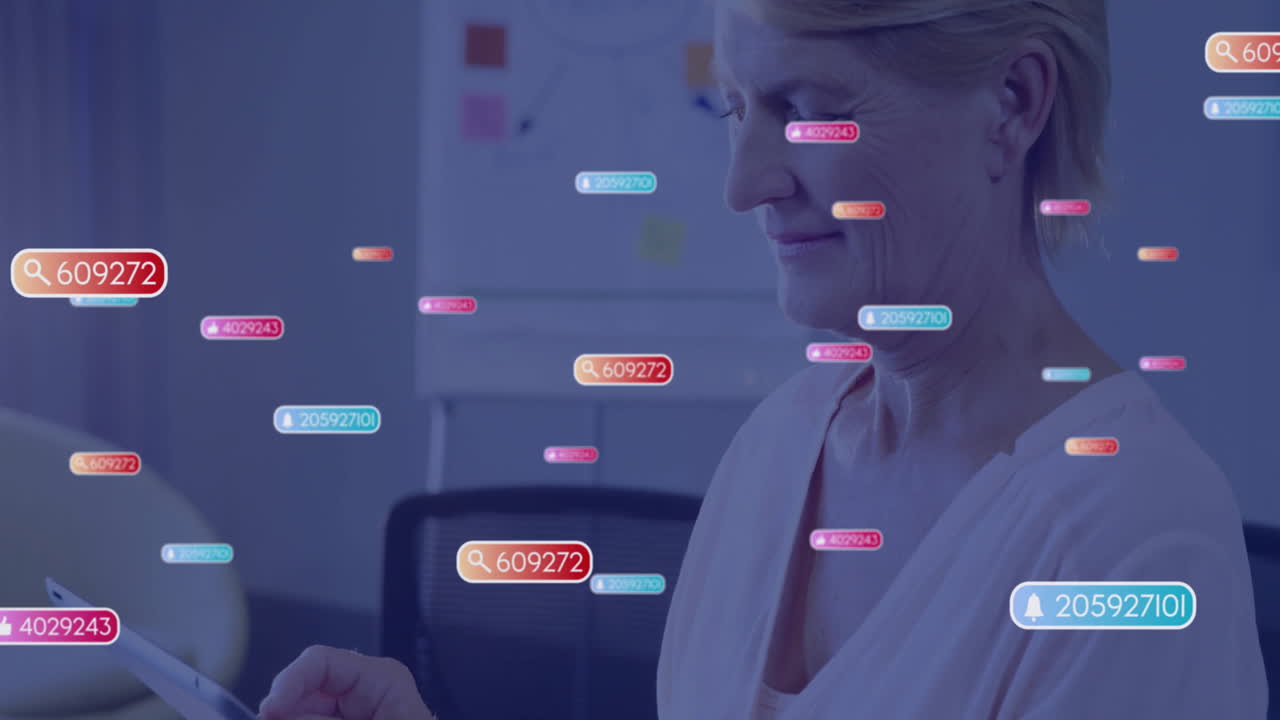 Using tablet, woman in office with floating colorful animation data tags