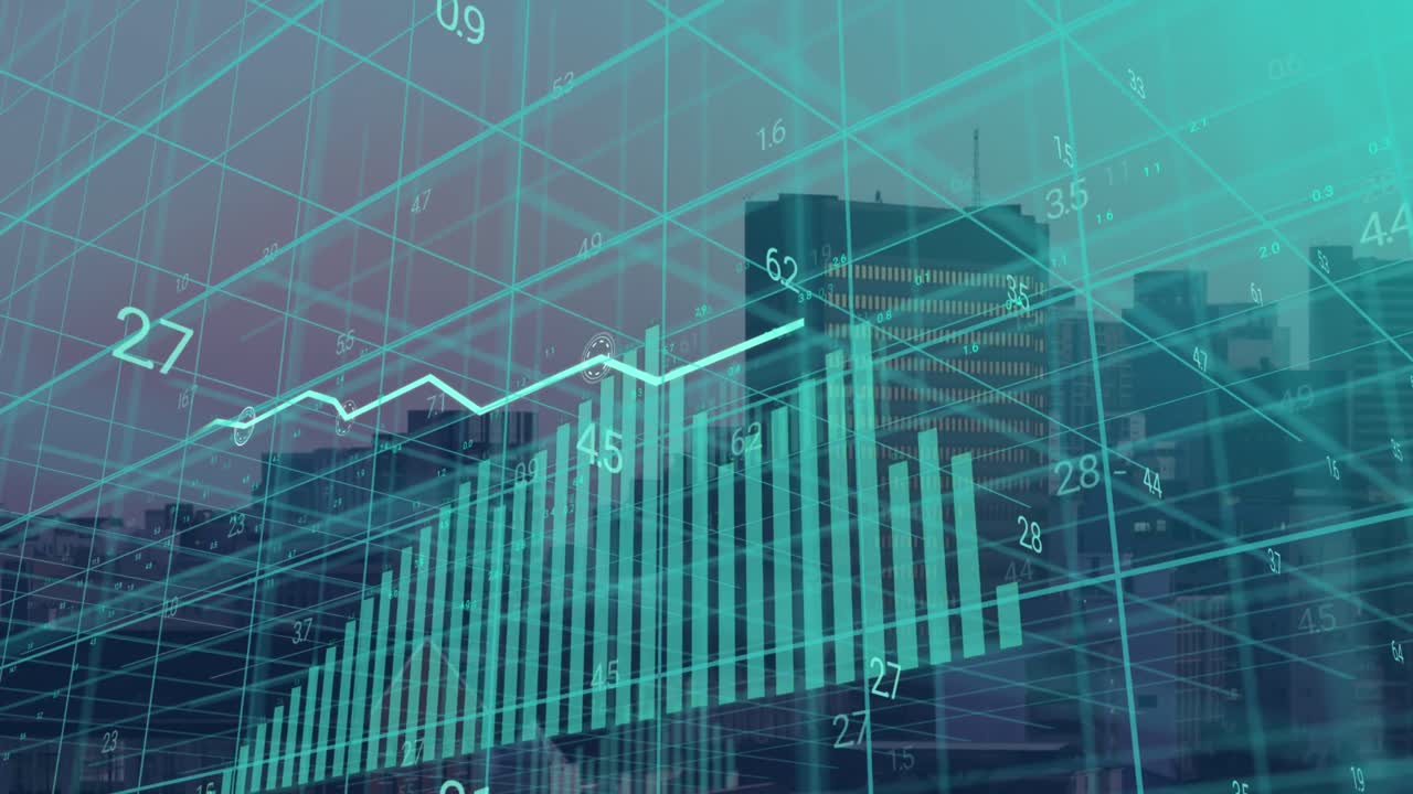 animación de gráficos y procesamiento de datos en cuadrícula 3d sobre edificios en el paisaje urbano moderno