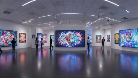 dynamic art exhibition: a journey through colorful digital masterpieces in a modern gallery space with engaged viewers appreciating the unique creations present
