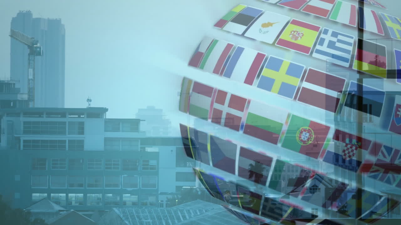 Rotating globe with international flags animation over urban cityscape
