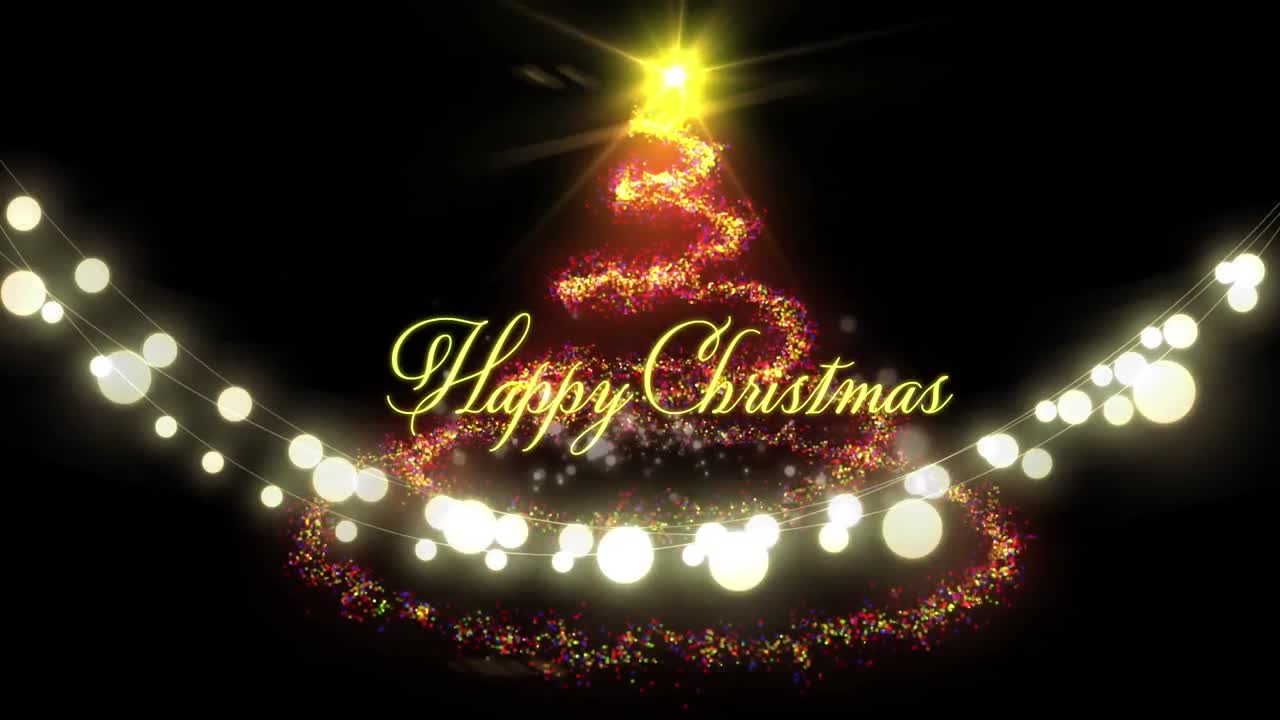 요정 빛과 크리스마스 트리 위에 행복한 크리스마스 텍스트의 애니메이션