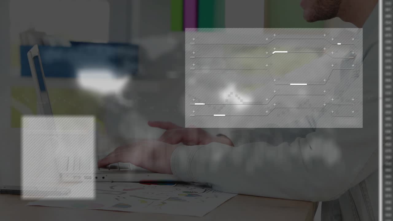 Analista aziendale che digita su un laptop, facendo apparire una mappa del mondo mentre un grafico a barre pulsante si sovrappone.