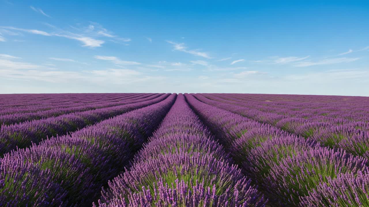 A Beautiful Lavender Field Under a Clear Blue Sky, Showcasing Rows of Vibrant Purple Blooms as They Stretch Towards the Horizon in a Picturesque Rural Landscape