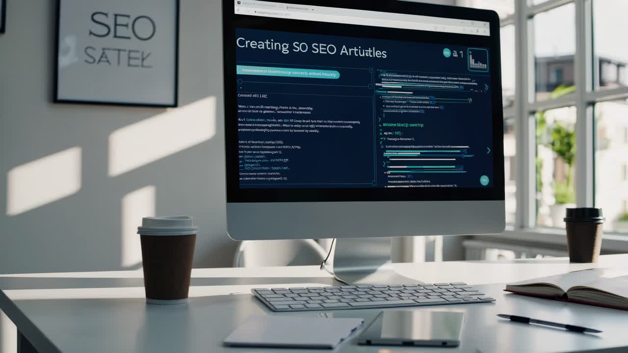 Modern workspace with a computer displaying a video on SEO, shot from a side angle