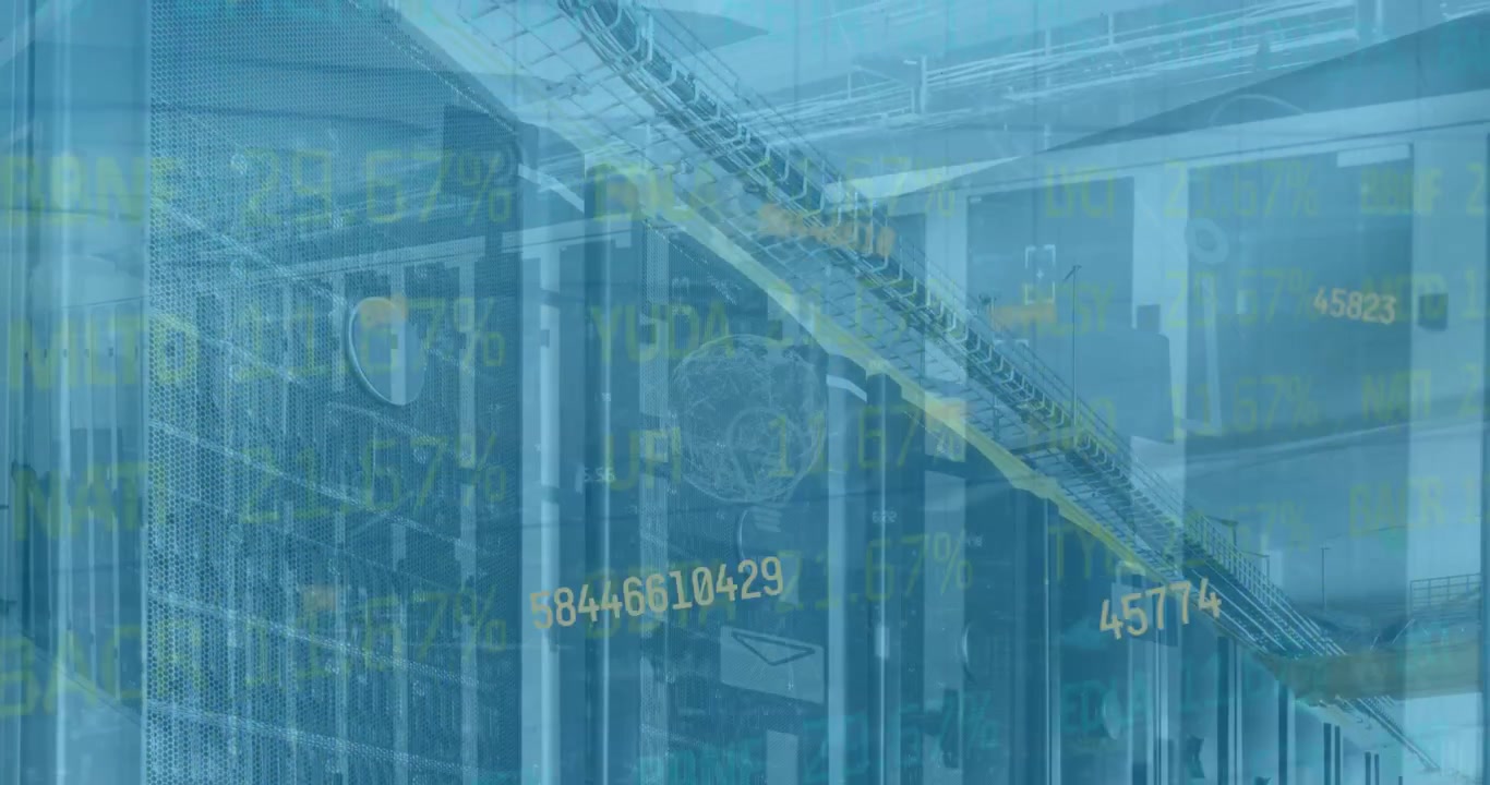 Animation of graphs and charts on interface with data processing over computer server room