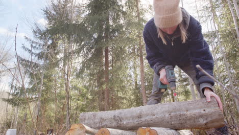European woman using power drill to make holes in log for mushroom cultivation
