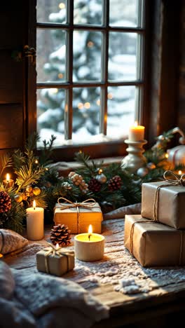 christmas window decor with candles and gifts