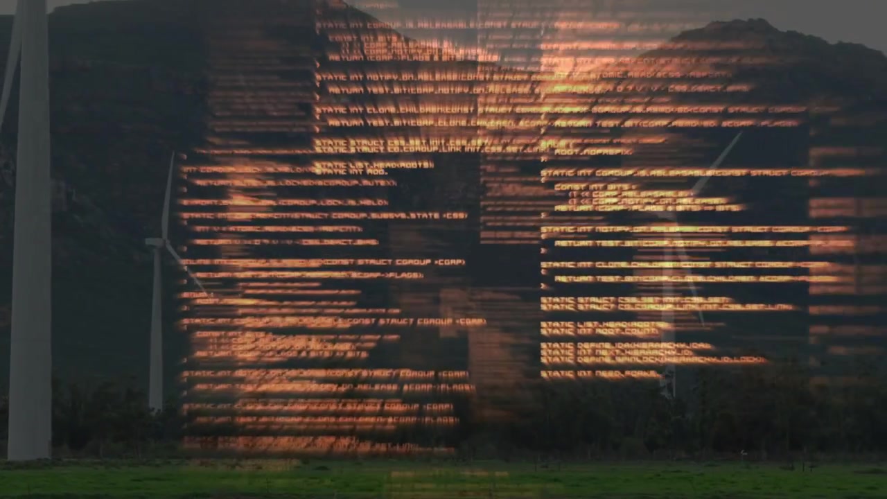 Frame-two amber overlay appearing, shifting, pulsing, smearing, splitting, revealing wind turbines
