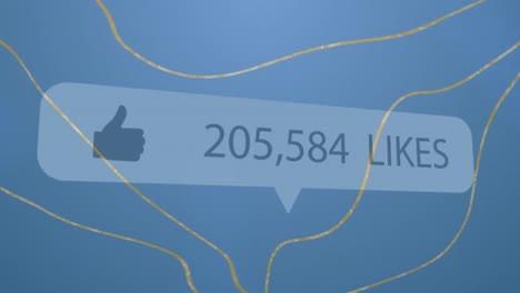 Speech-bubble-with-thumbs-up-icon-and-increasing-likes-against-golden-lines-on-blue-background