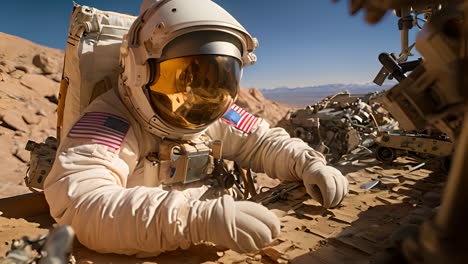 astronaut conducting research on mars-like landscape during daylight