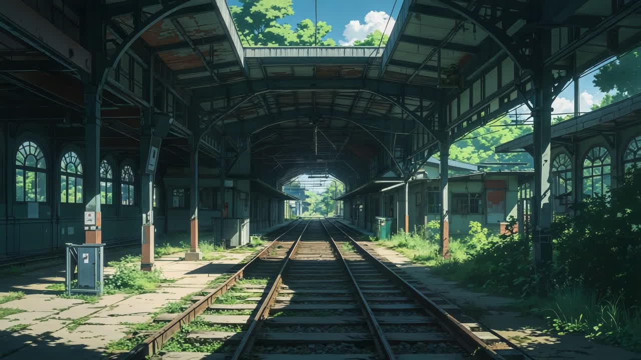 Anime-Style Abandoned Train Station with Overgrown Tracks