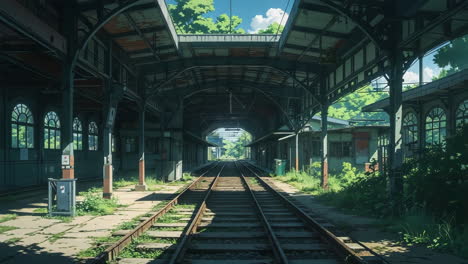 anime-style abandoned train station with overgrown tracks