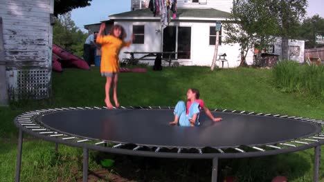 los niños saltan y juegan en el trampolín en el patio trasero 1
