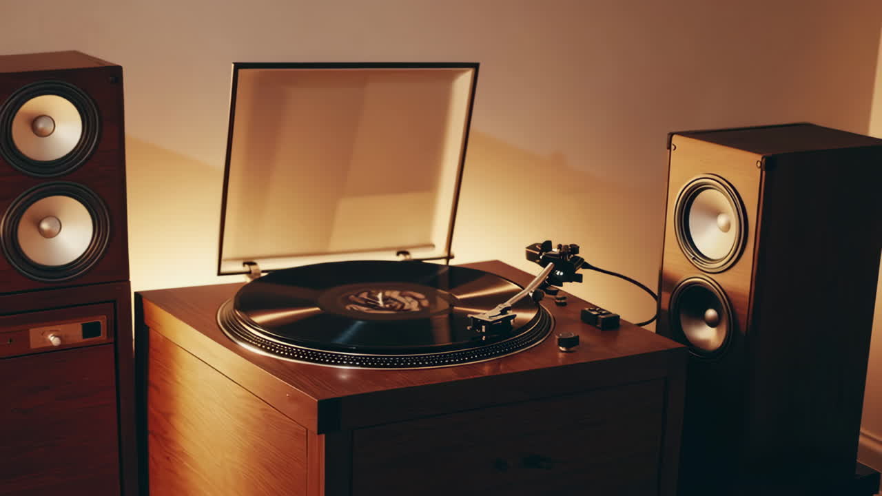 Close-up of a Vintage Turntable Playing a Vinyl Record