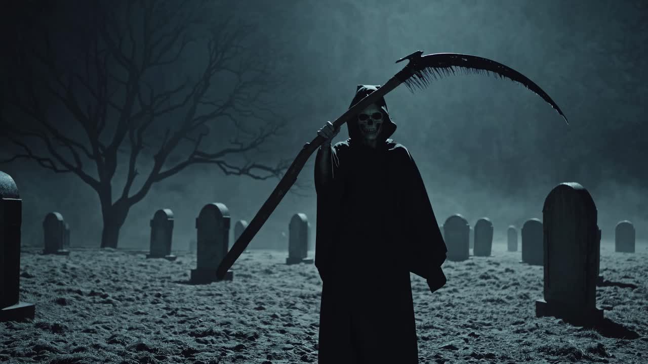 Eerie video scene of a grim reaper in a foggy graveyard at night