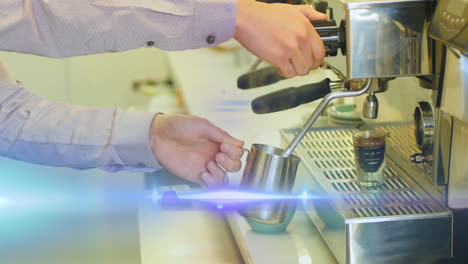 animación de puntos de luz sobre un hombre caucásico preparando café en una cafetería
