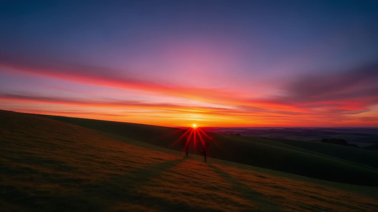 Spectacular Sunset Over Rolling Hills: A Serene Moment Captured as Two Figures Stroll Hand in Hand Towards the Dazzling Horizon Amidst a Vivid Sky