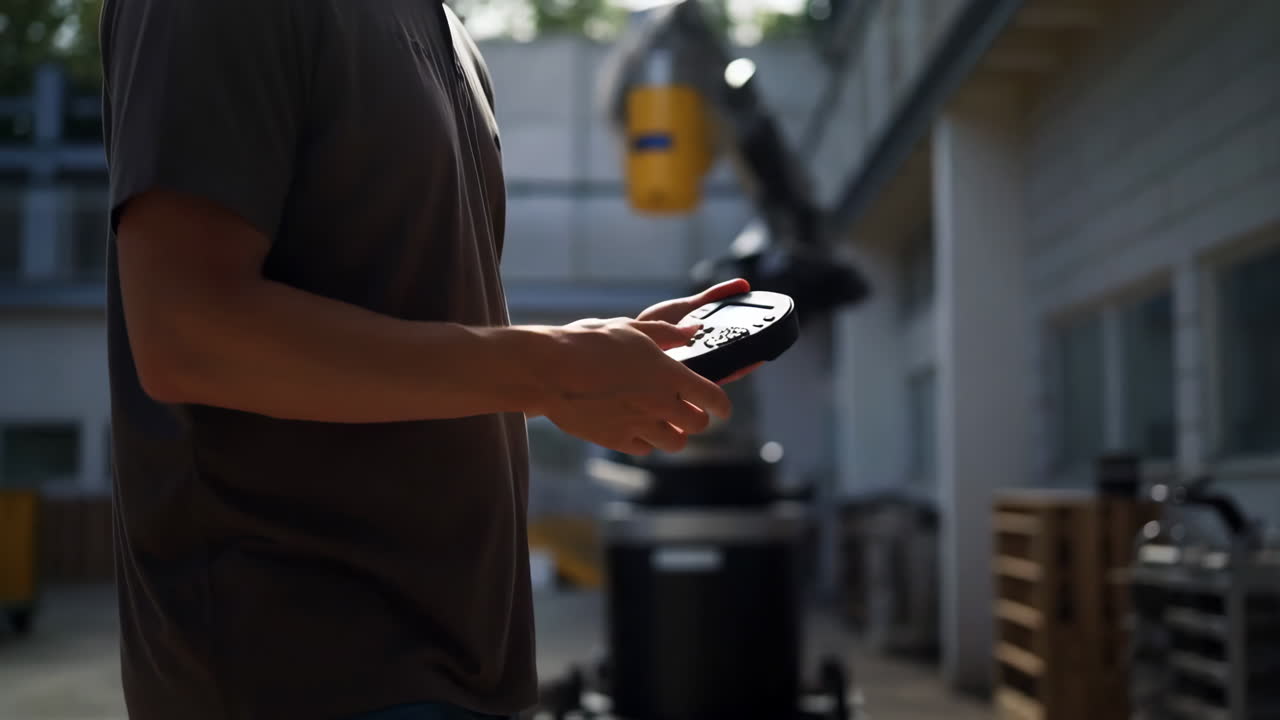 Person operating industrial machinery with a remote control