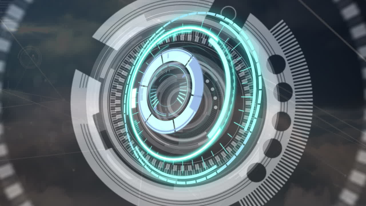 escáner redondo de neón y red de conexiones contra nubes en el cielo azul