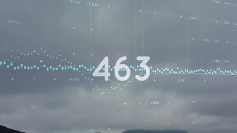 Animation of changing numbers and data processing against grey sky