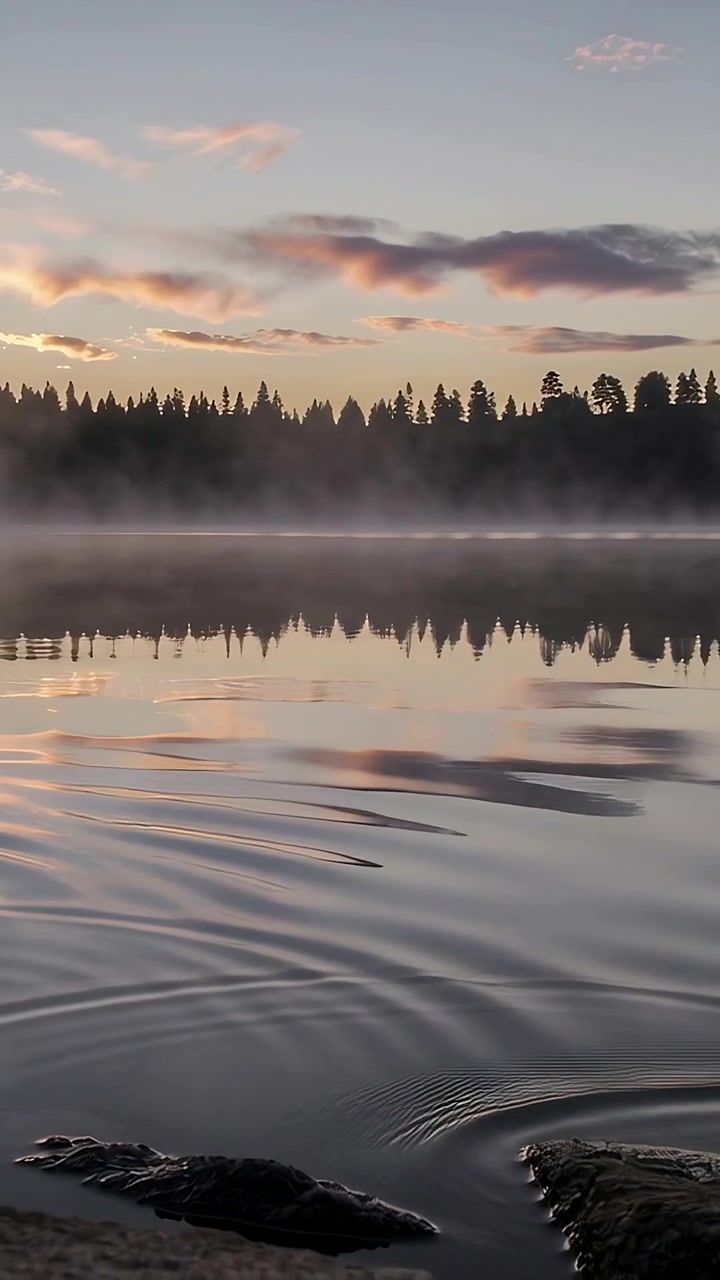 Vertical video: Rippling calm lake shore, small ripple by rocks expanding across mirrored trees