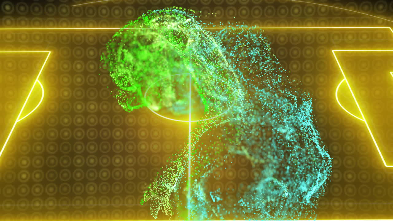 디지털 애니메이션 배경 위에서 인간 형상을 형성하는 추상적인 초록색과 파란색 입자